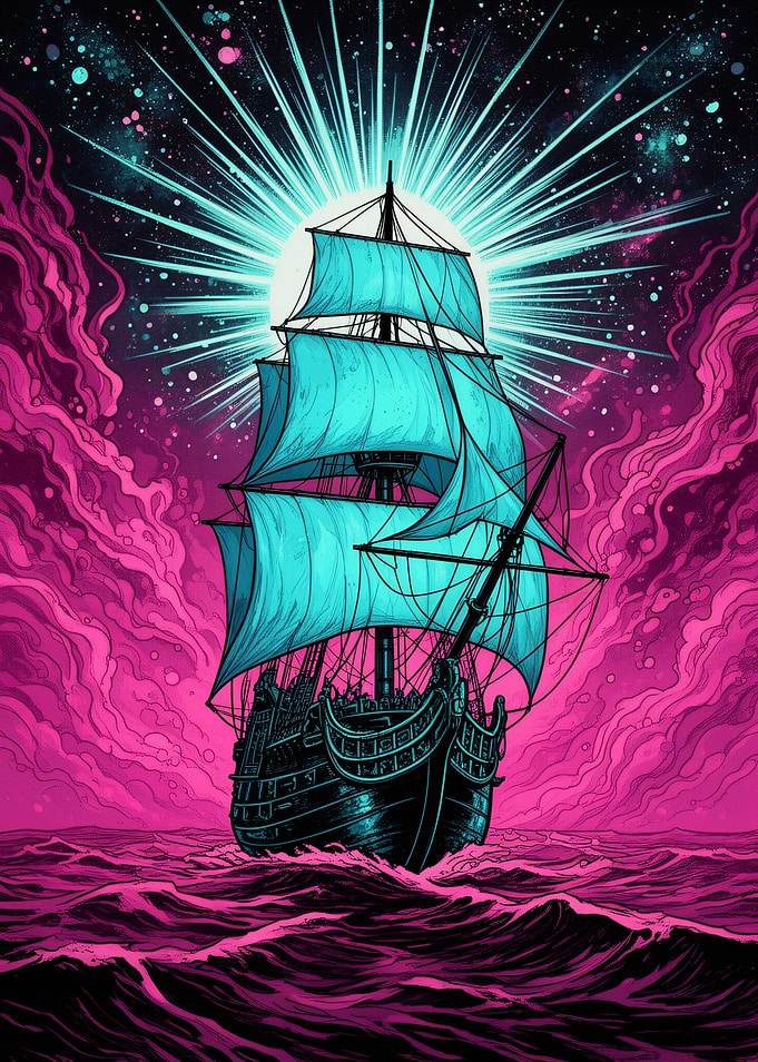 Neon Sailing Ship in Cosmic Sea