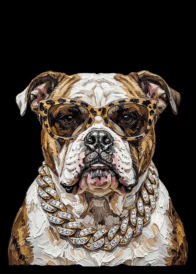 Bulldog Hip Hop Portrait Wall Art | Leopard Sunglasses & Gold Chain Oil Painting