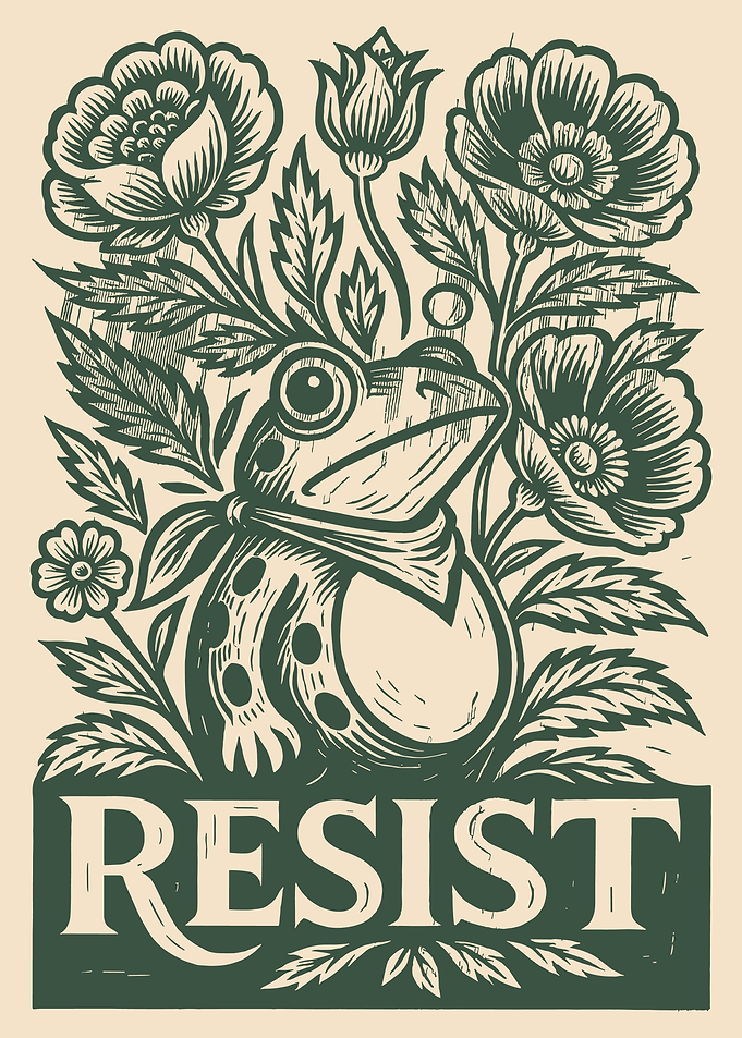 Resist Frog Floral Woodcut Print