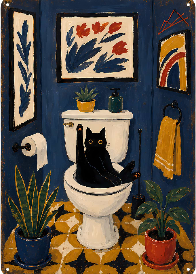 Black Cat Sitting on Toilet