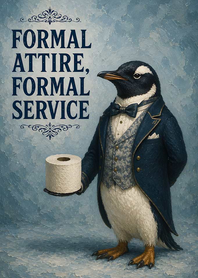 Formal Penguin Butler with Toilet Paper