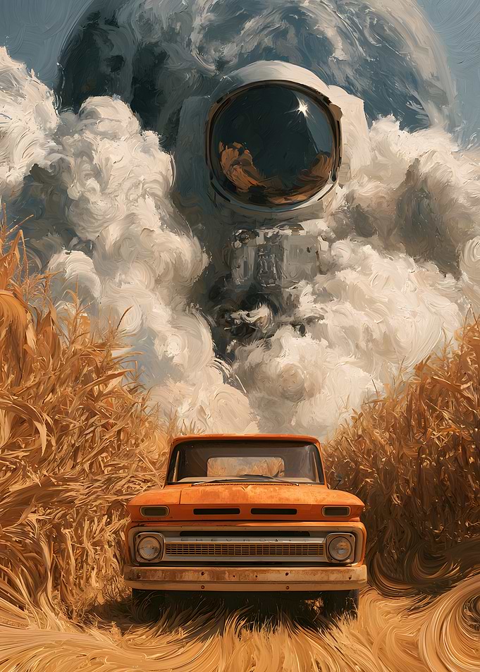 Astronaut and Vintage Truck in Field