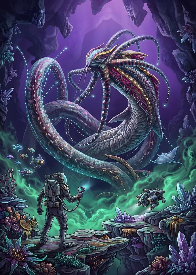 Subnautica Game Deep Sea Diver Encountering Alien Serpent