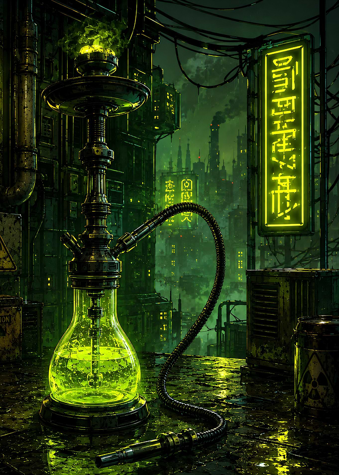 Cyberpunk Neon Green Hookah Cityscape