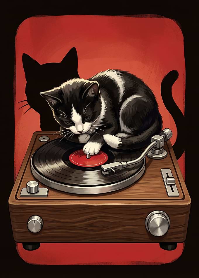 Cute Cat DJ on Vinyl Turntable