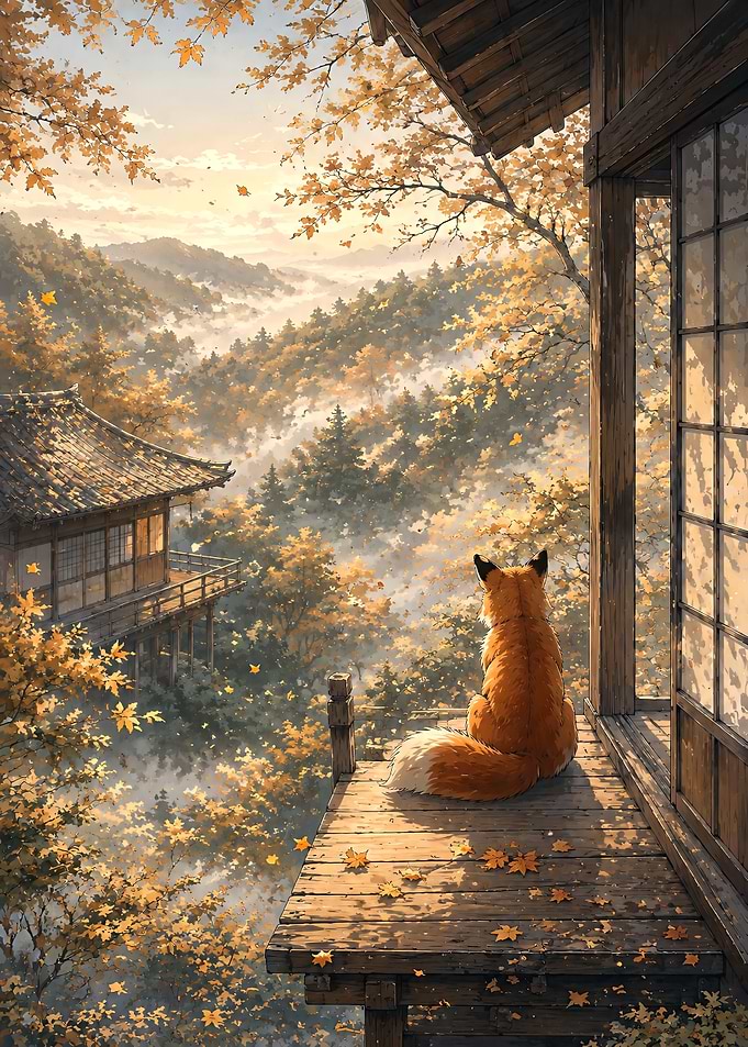 Fox Watching Autumn Mountain View
