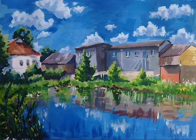 Impressionist Painting of Riverside Buildings