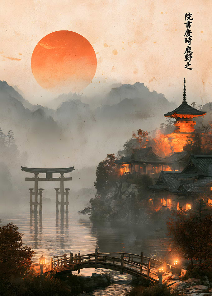 Misty Japanese Temple at Sunset
