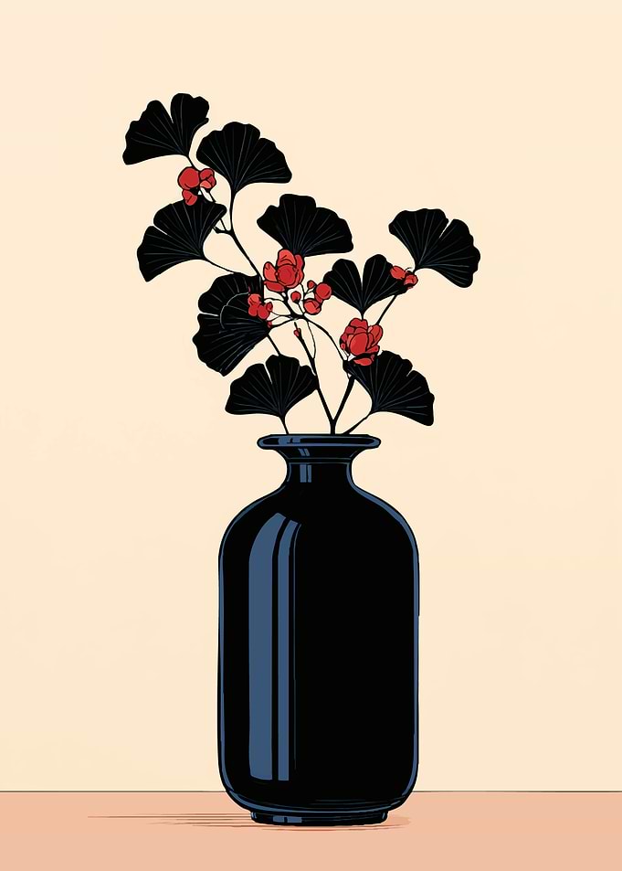 Minimalist Black Vase with Ginkgo Leaves