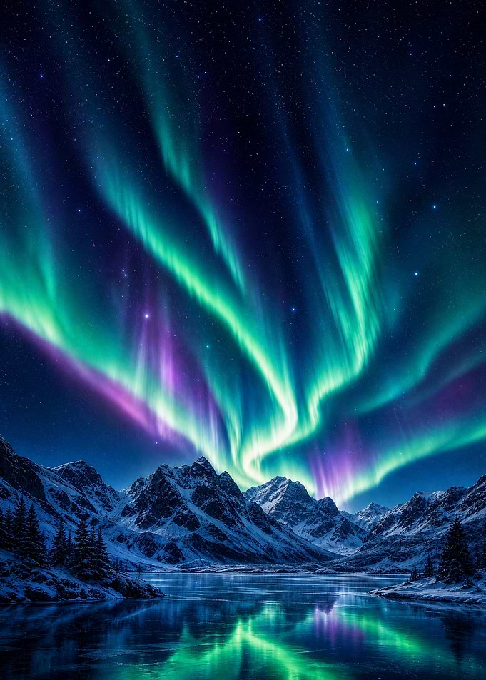 Vibrant Aurora Borealis Over Snowy Mountains