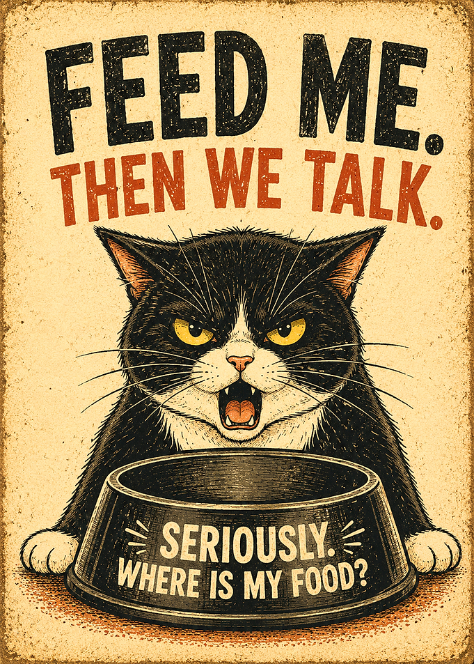 Funny Hungry Cat Vintage Poster