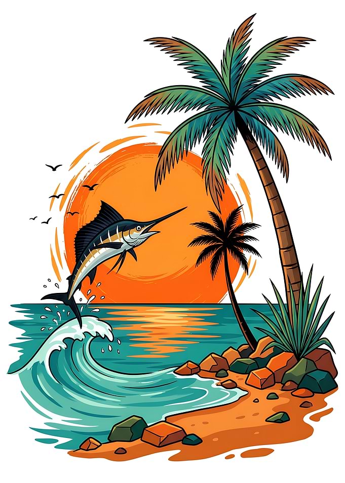 Jumping Fish at Tropical Sunset Palm Sea Beach