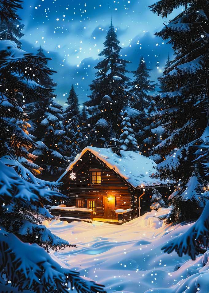 Cozy Snowy Cabin in Winter Forest