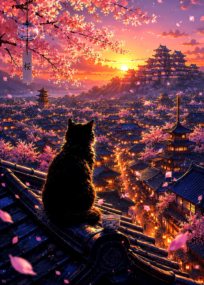 Cat Watching Sunset Over Japanese Town