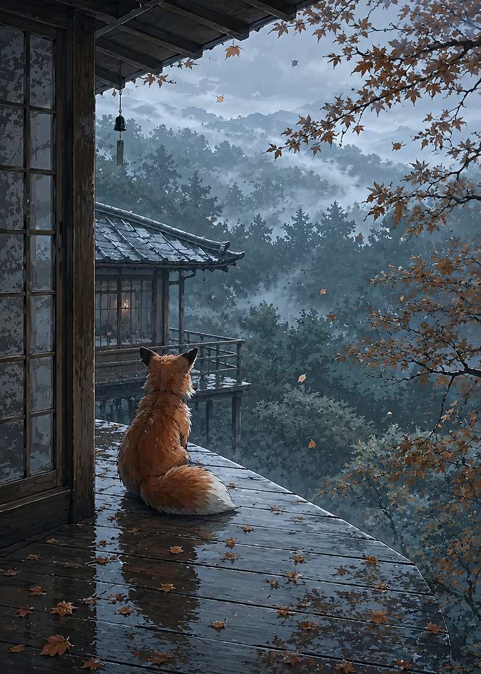 Fox Watching Rain in Japanese Mountains