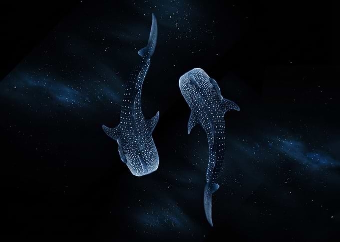 Whale Sharks Swimming in Space