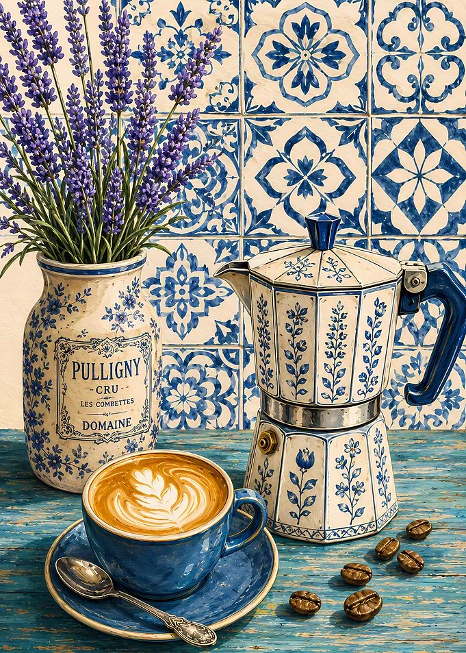 Blue and White Floral Coffee Still Life