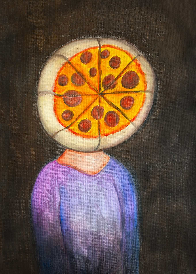 Surreal Pizza Head Character Painting
