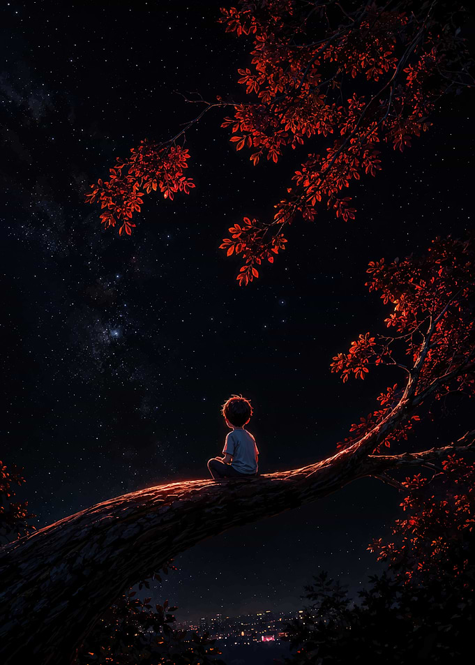 Child sitting on tree under stars