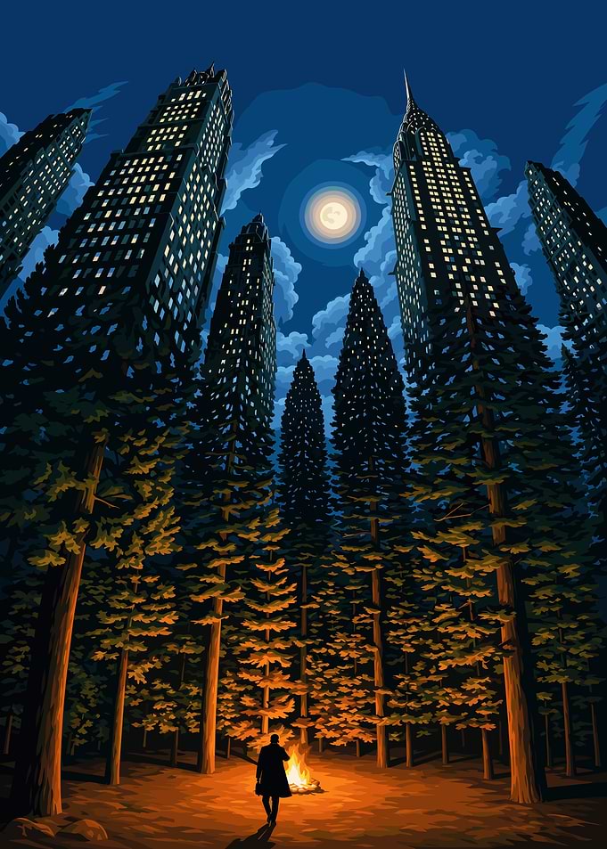 Man by Campfire Beneath City Skyscrapers