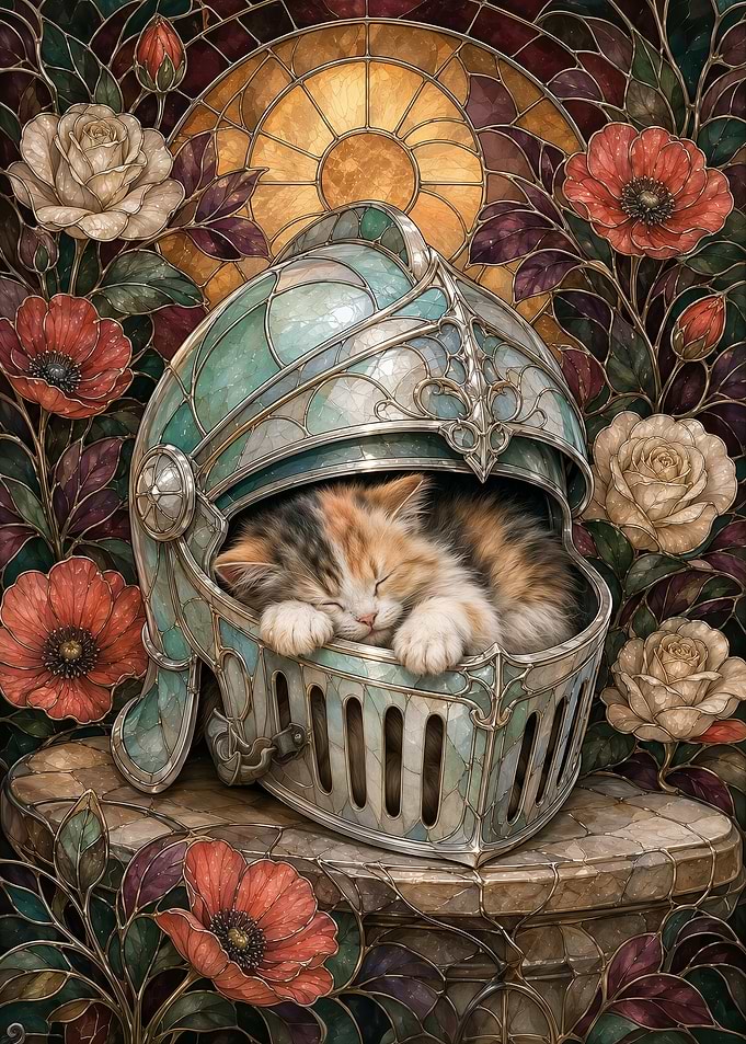 Calico Kitten Sleeping in Knight Helmet
