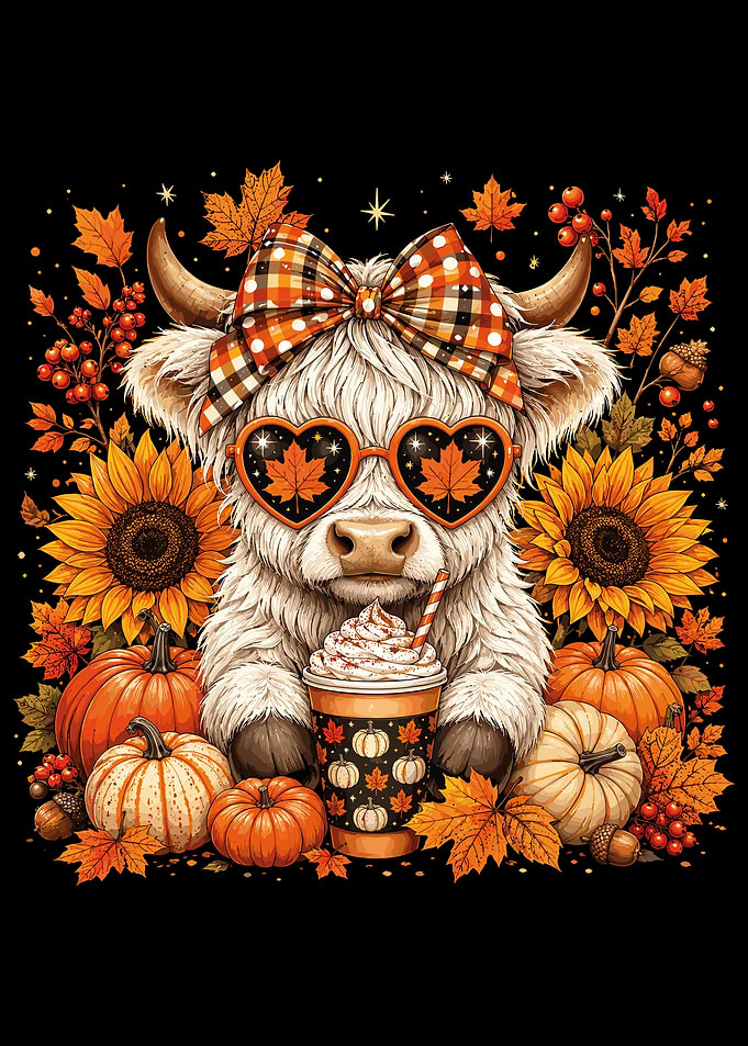 Cute Highland Cow Autumn Illustration