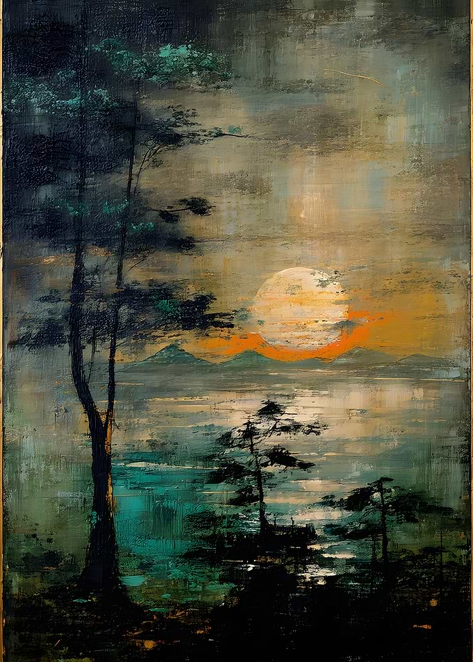 Moody Impressionist Landscape with Moon