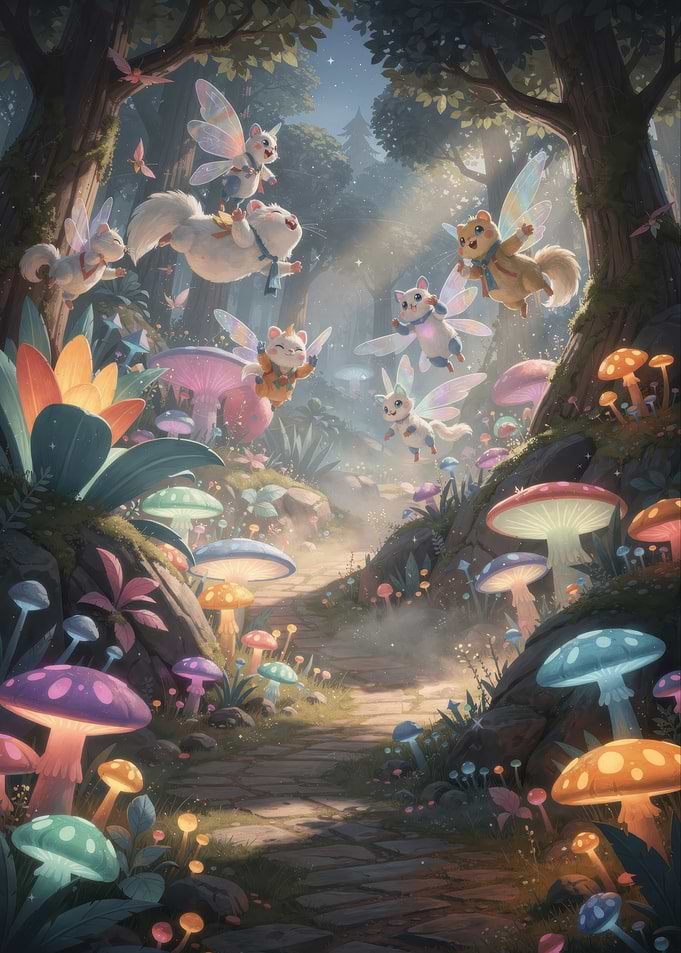 Magical Forest with Flying Fairy Creatures