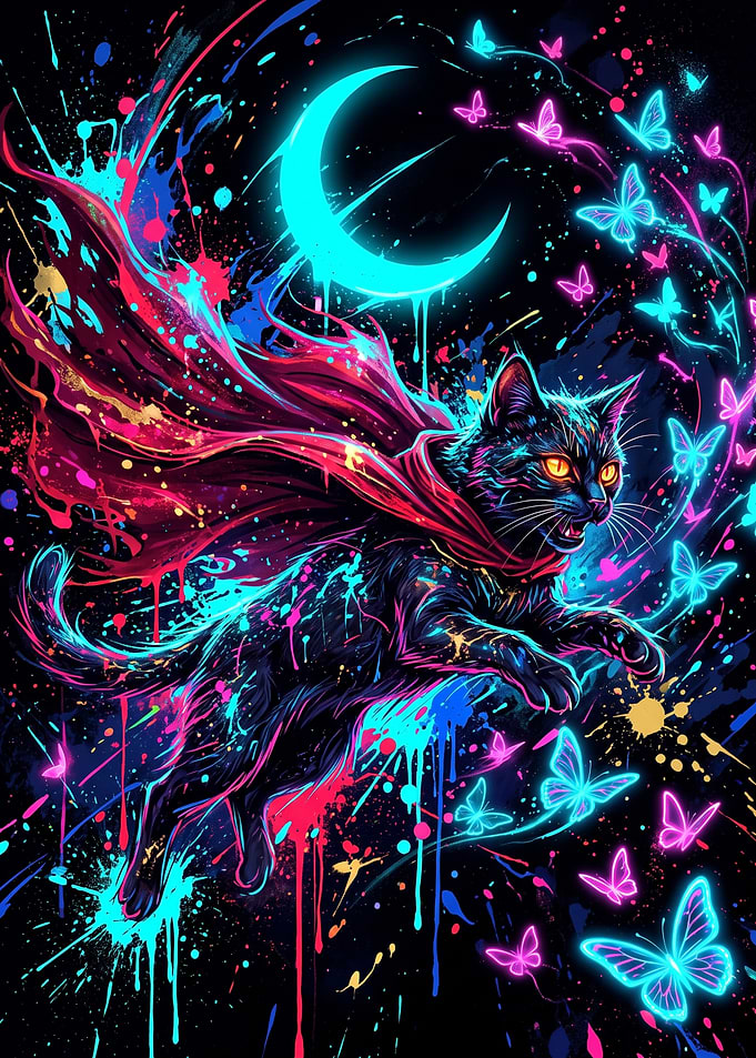 Neon Superhero Cat with Butterflies