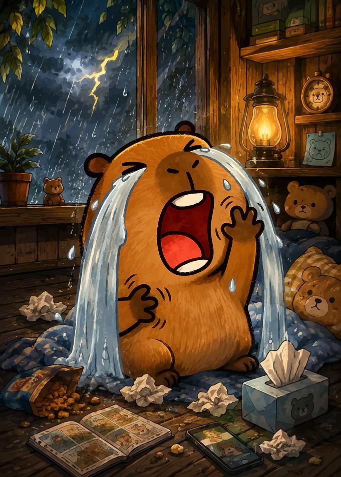 Crying Capybara in a Cozy Room