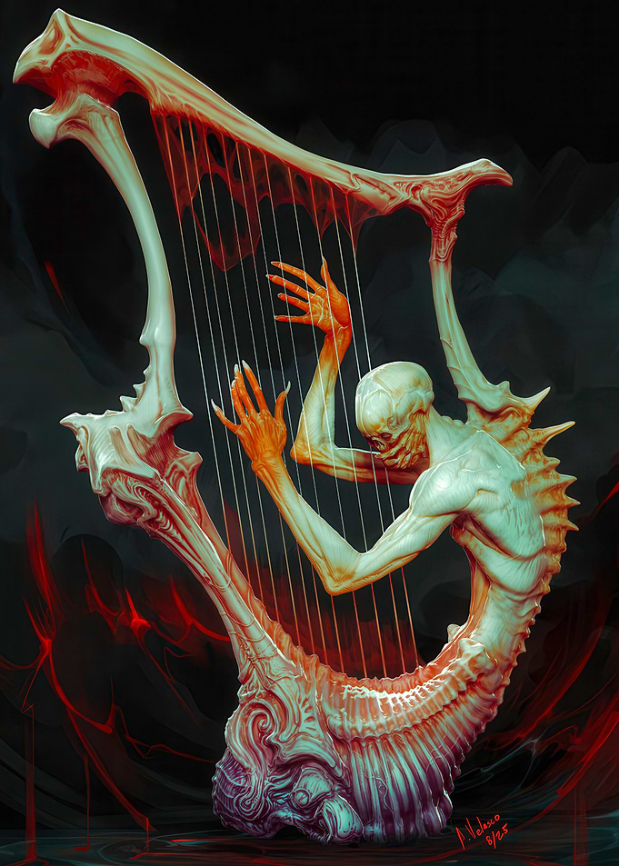 Biomechanical Creature Playing Bone Harp