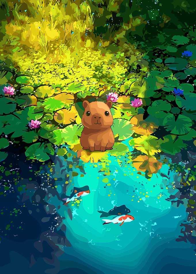 Cute Capybara in a Lily Pond
