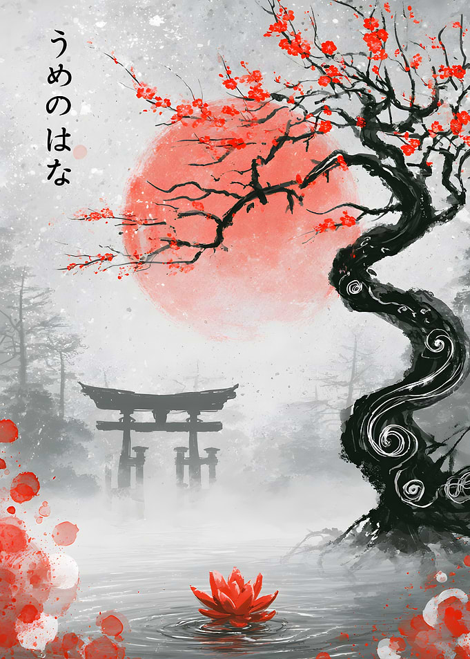 Japanese Plum Blossom and Torii Gate