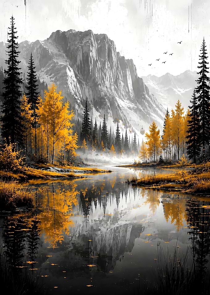 Golden Autumn Mountain Lake Landscape