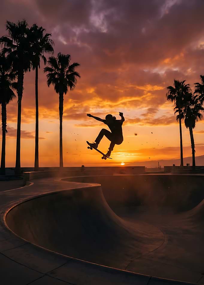 Skateboarder Jumping at Sunset