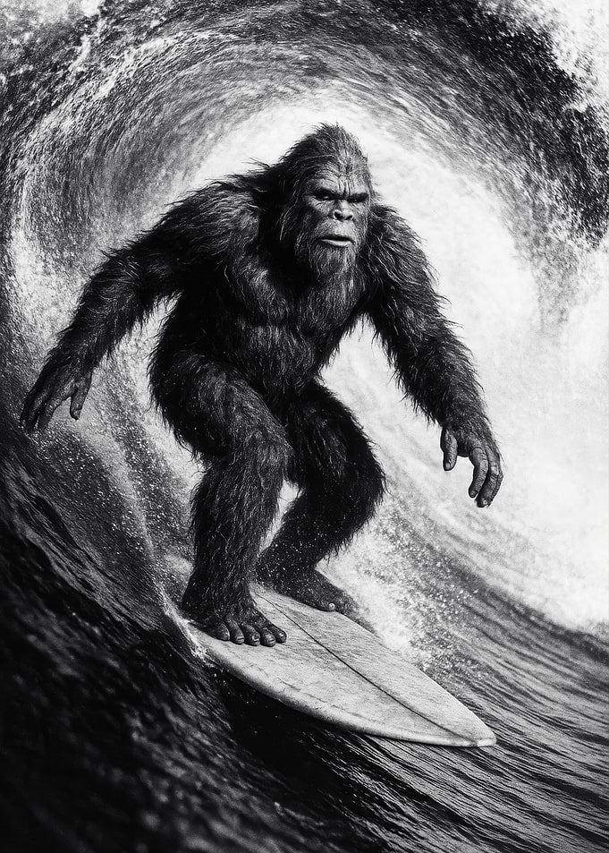 Bigfoot Surfing a Large Wave