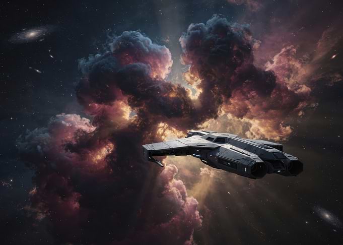 Spaceship Flying Through Cosmic Nebula