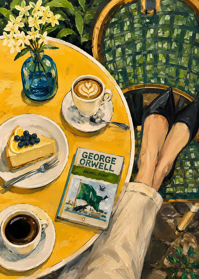 Relaxing Cafe Scene with Animal Farm