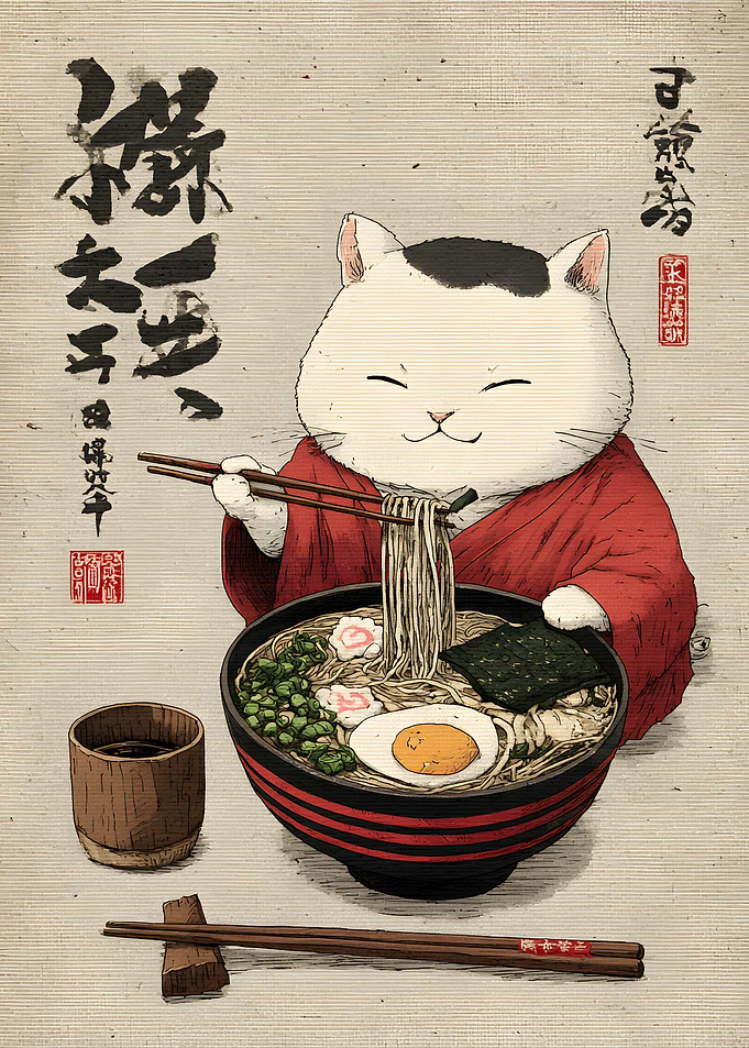 Cat Eating Ramen Ukiyo-e Style