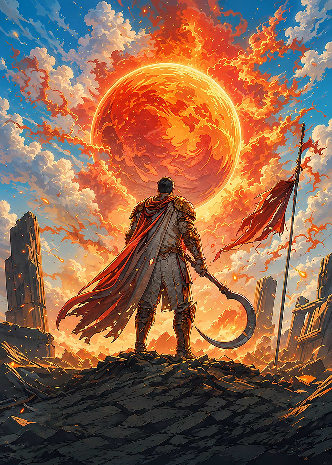 Warrior Standing Before Fiery Sun