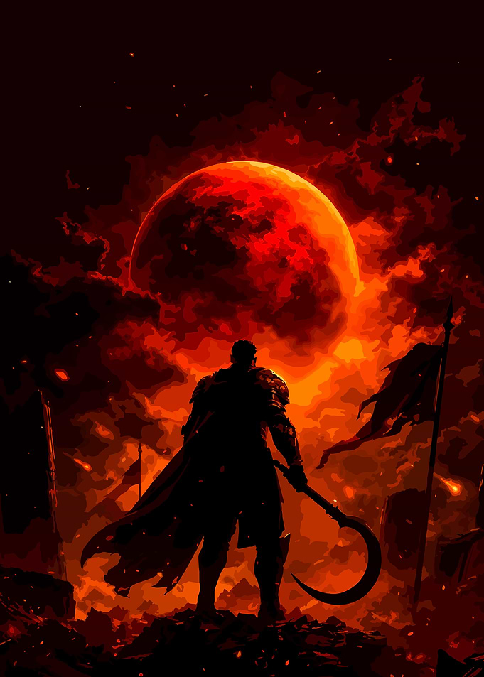 Warrior Standing Before Blood Moon