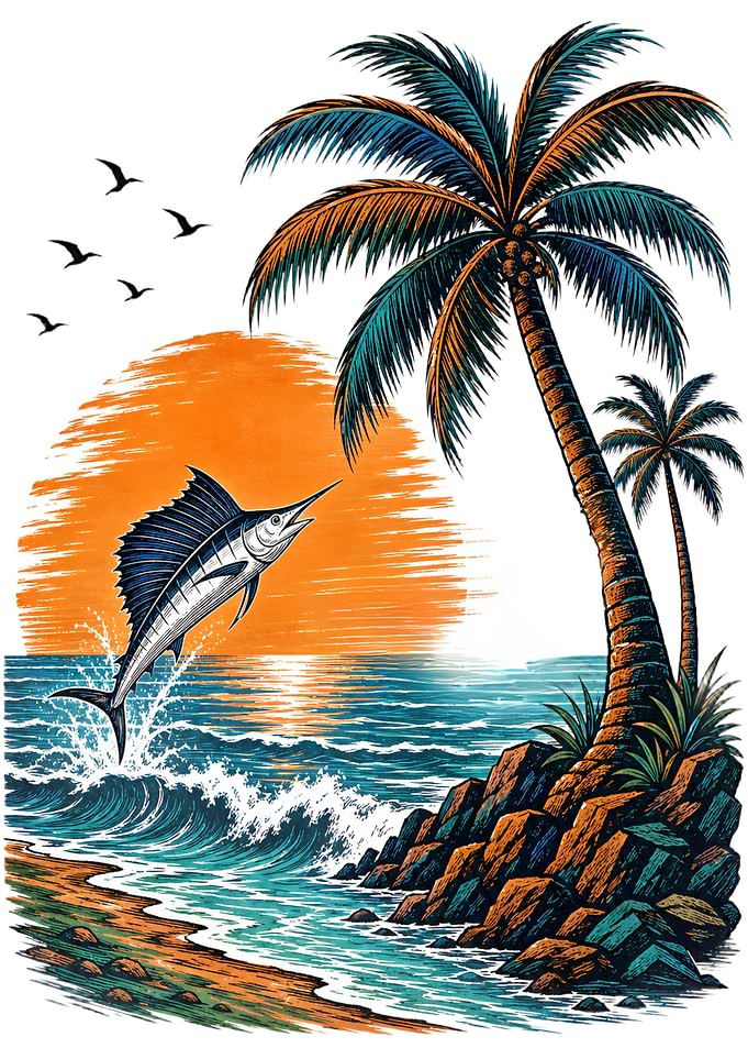 Sailfish Jumping at Tropical Sunset Sea Beach