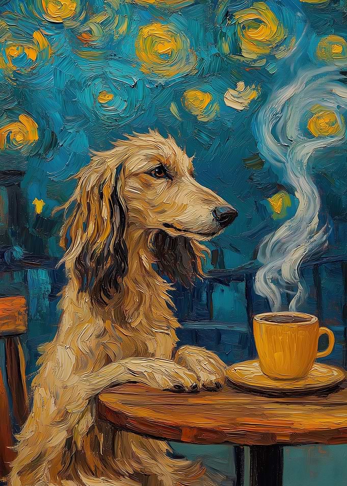Dog Drinking Coffee Starry Night Style