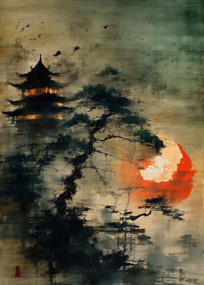 Ethereal Pagoda at Sunset