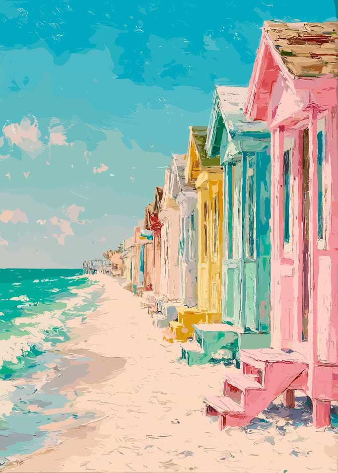 Vibrant Beach Huts Coastal Wall Art Pastel Impressionist Seaside Poster