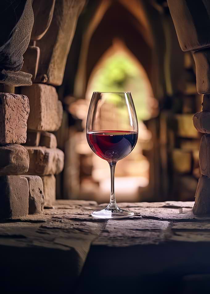 Red Wine Glass in Stone Archway
