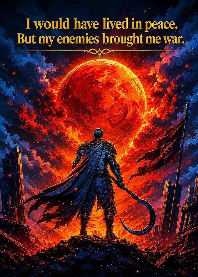 Warrior Standing Before Red Moon