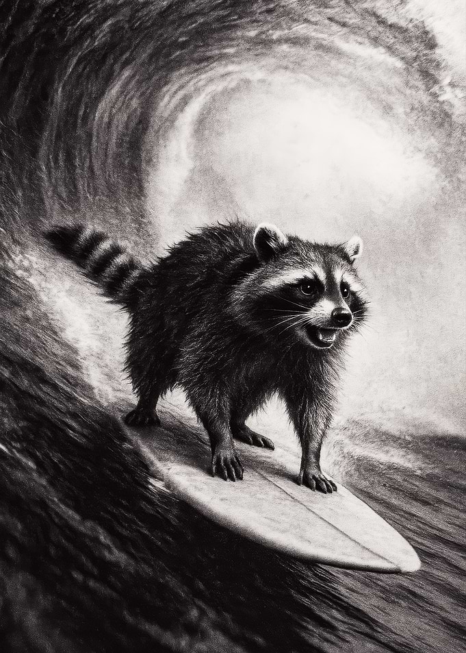 Raccoon Surfing a Large Wave