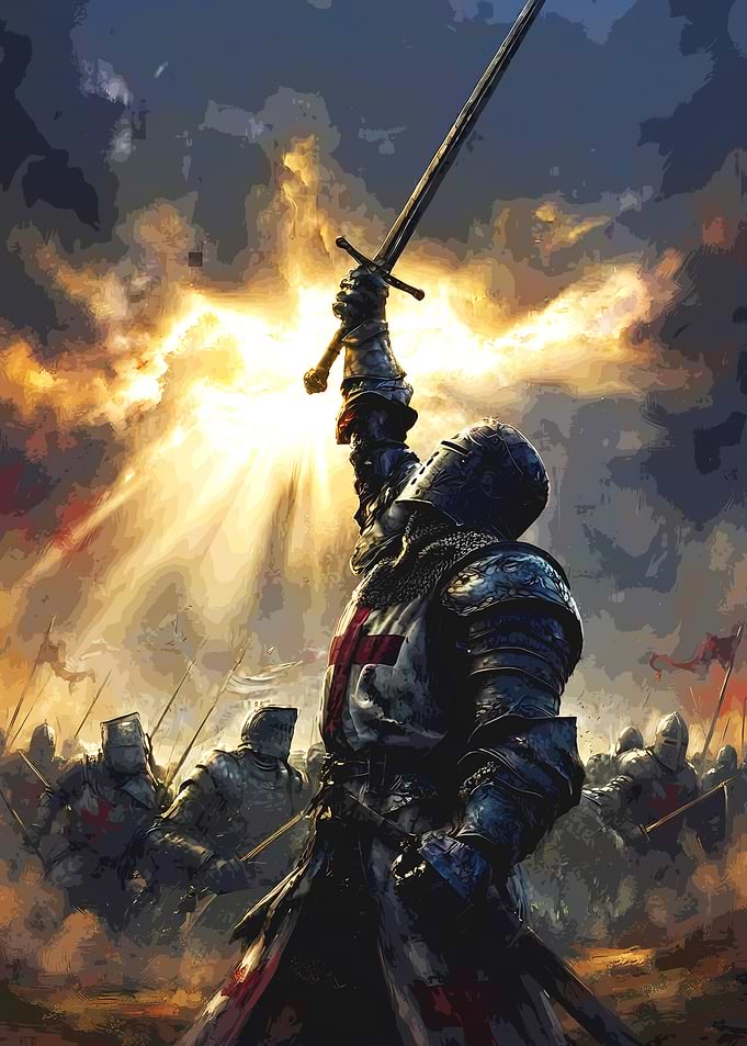 Crusader Knight Raising Sword in Battle