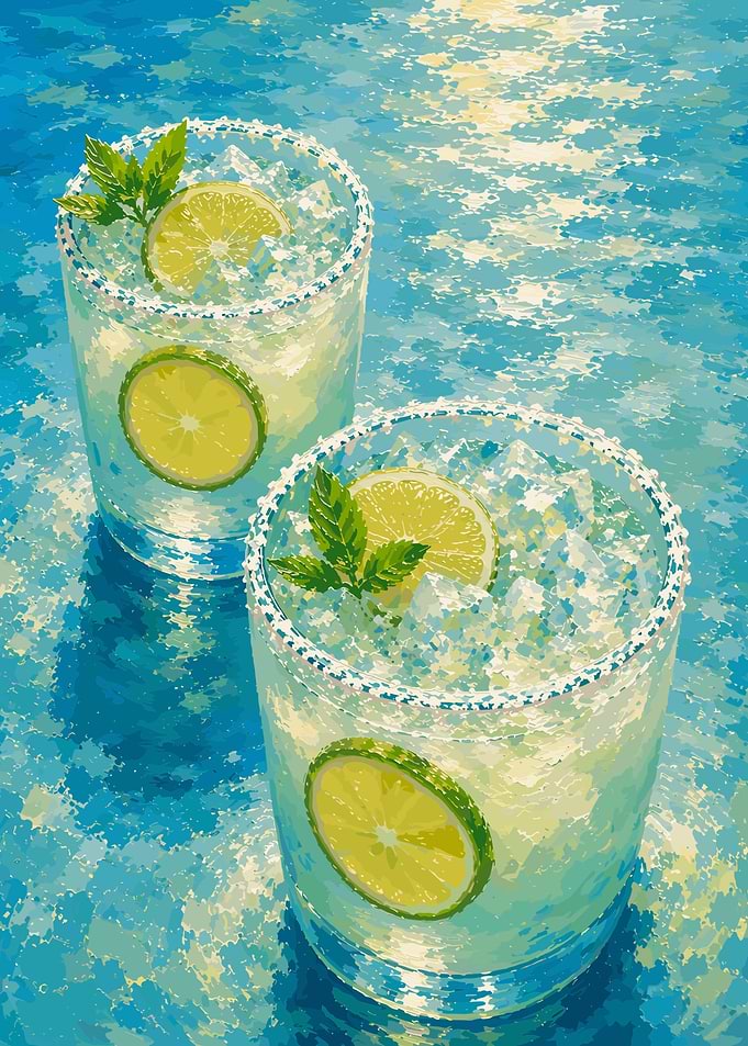 Lime Cocktail Wall Art | Summer Drink Impressionist Blue Water Poster